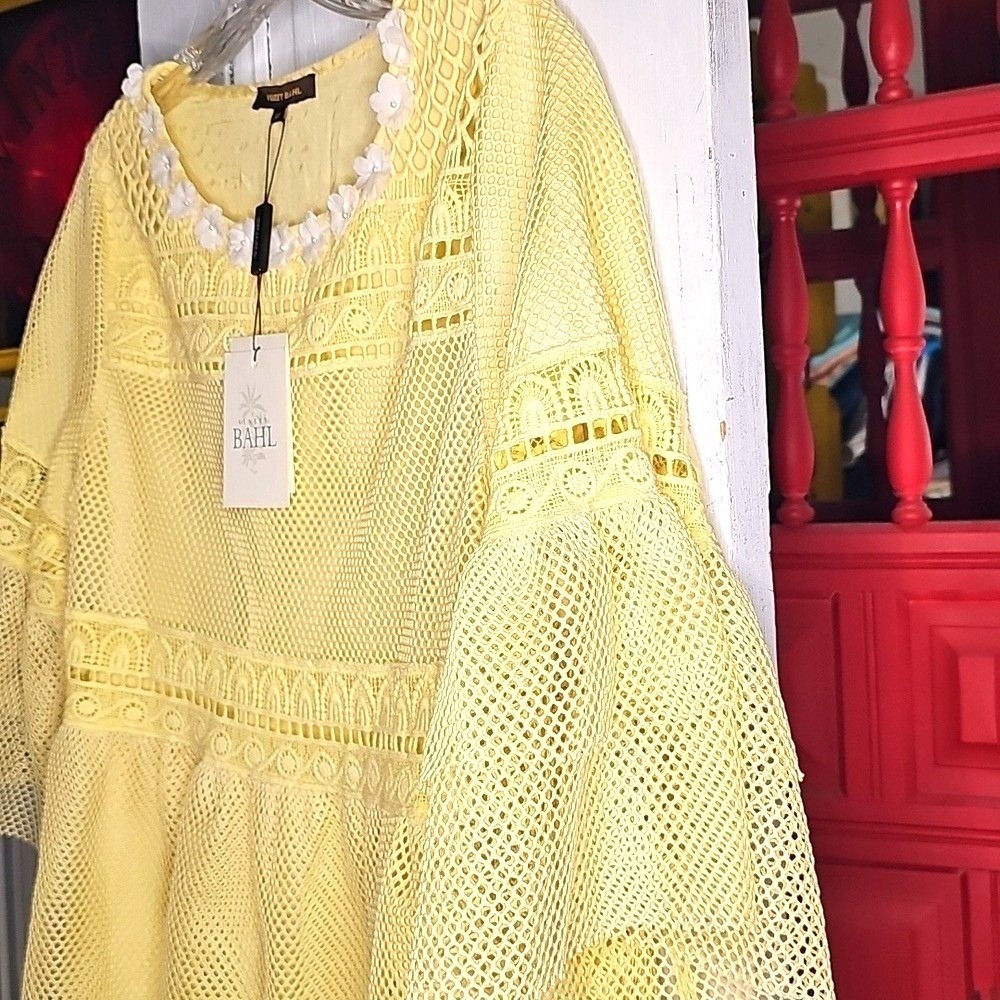 Vineet Bahl Womens Embroidered Yellow Mesh Tiered Blouse Boho XS - Picture 4 of 7